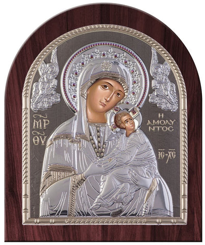 Virgin Mary Amolyntos Silver Greek Orthodox Icon, Grey 26.2x32.1cm 