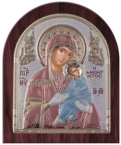 Virgin Mary Amolyntos Silver Greek Orthodox Icon, Red & Blue 26.2x32.1cm 