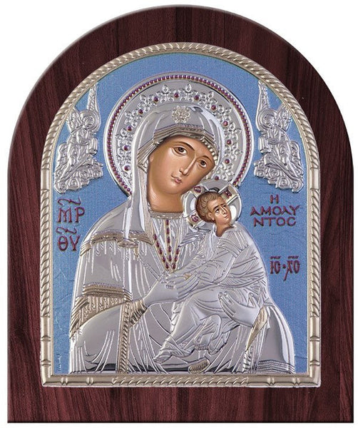 Virgin Mary Amolyntos Silver Greek Orthodox Icon, Tiel Blue 26.2x32.1cm 