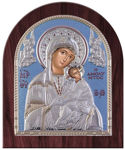 Virgin Mary Amolyntos Silver Greek Orthodox Icon, Tiel Blue 26.2x32.1cm 