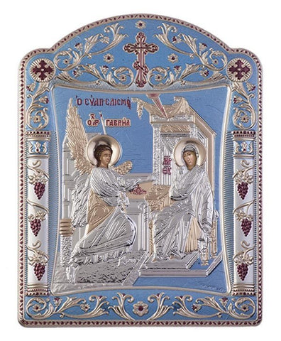 Virgin Mary Annunciation Greek Orthodox Silver Icon, Tiel Blue 11.3 x 15.2cm 