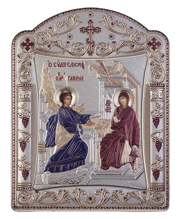 Virgin Mary Annunciation Greek Orthodox Silver Icon, Burgundy 11.3 x 15.2cm 