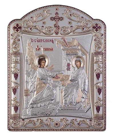 Virgin Mary Annunciation Greek Orthodox Silver Icon, Silver 11.3 x 15.2cm 