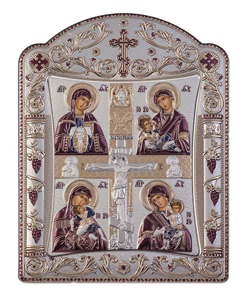 Virgin Mary Motherhood, Greek orthodox iconography, Burgundy 16.7 x 22.4 cm 