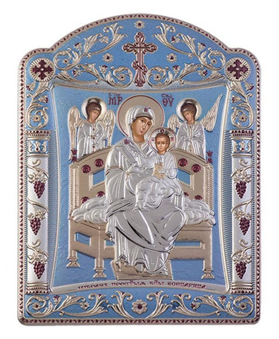 Virgin Mary Pantanassa Greek Orthodox Silver Icon Blue Ciel 11x15cm 