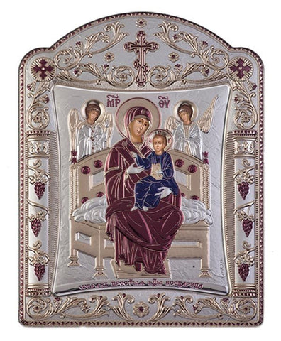 Virgin Mary Pantanassa Greek Orthodox Silver Icon Burgundy 11x15cm 