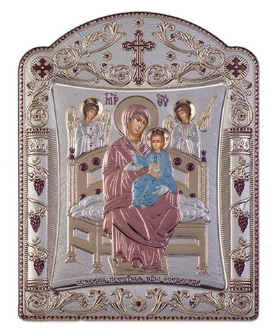 Virgin Mary Pantanassa Greek Orthodox Silver Icon, Red & Blue 11.3x15.2cm 