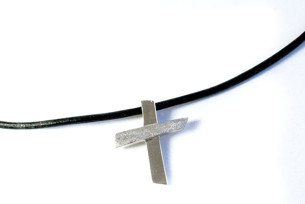 Silver cross necklace with leather rope, textured silver cross, silver cross pendant 