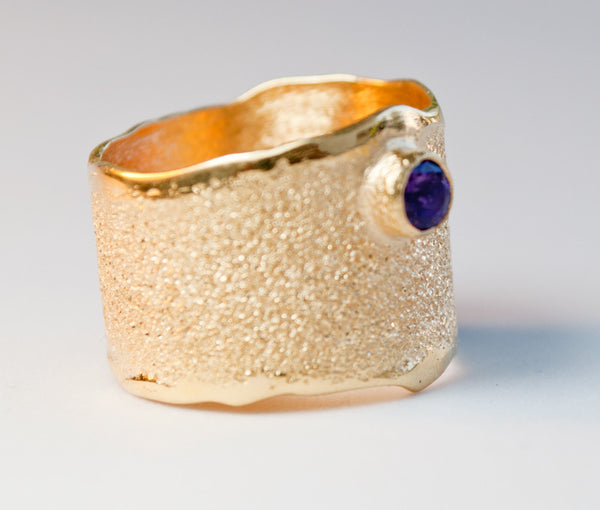 Gold plated Amethyst Wide Silver ring, Amethyst Solitaire ring foster texture 