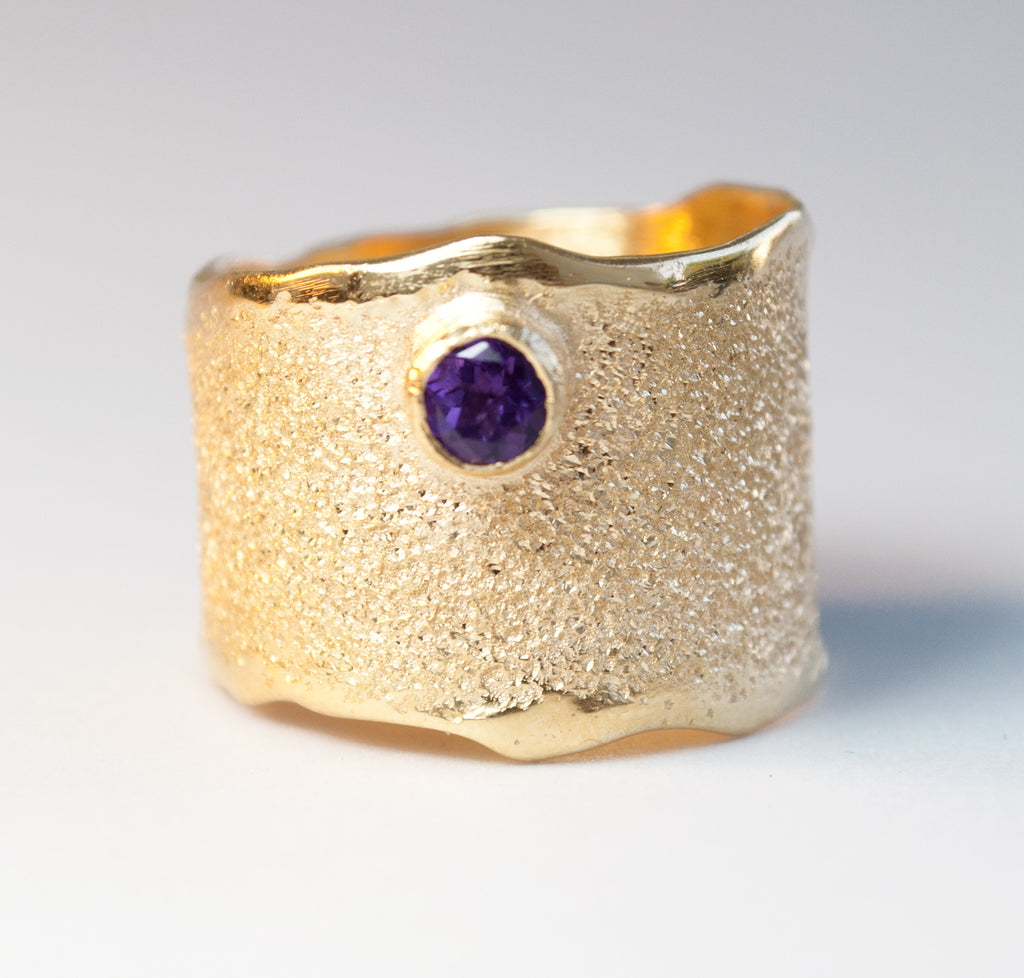 Gold plated Amethyst Wide Silver ring, Amethyst Solitaire ring foster texture 