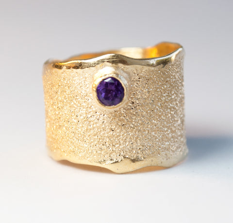 Gold plated Amethyst Wide Silver ring, Amethyst Solitaire ring foster texture 