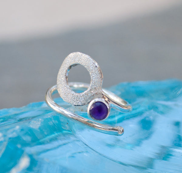 Amethyst silver ring, February birthstone, open circle ring, purple stone ring 