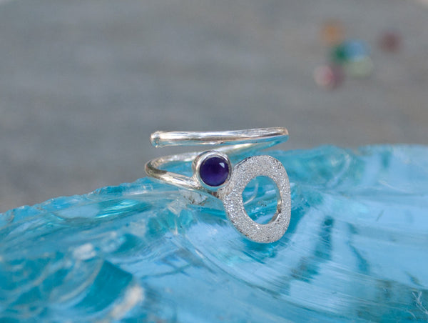 Amethyst silver ring, February birthstone, open circle ring, purple stone ring 