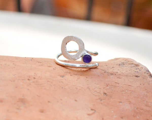 Amethyst silver ring, February birthstone, open circle ring, purple stone ring 