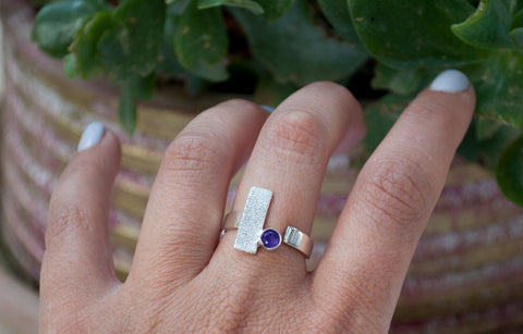 Amethyst silver ring, February birthstone ring, geometric ring, purple stone ring 