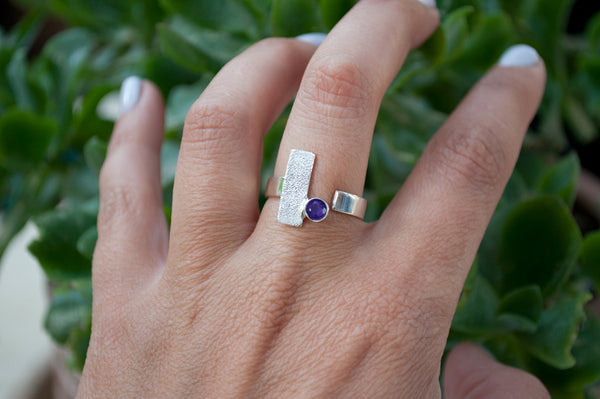 Amethyst silver ring, February birthstone ring, geometric ring, purple stone ring 