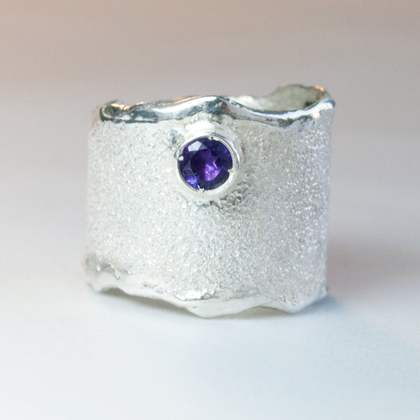 Amethyst Silver ring, Amethyst Solitaire ring wide silver rough silver ring 