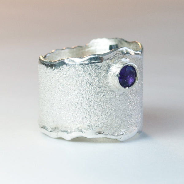 Amethyst Silver ring, Amethyst Solitaire ring wide silver rough silver ring 