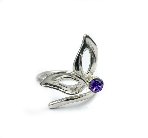 flower ring, amethyst silver ring, contemporary silver ring adjustable 