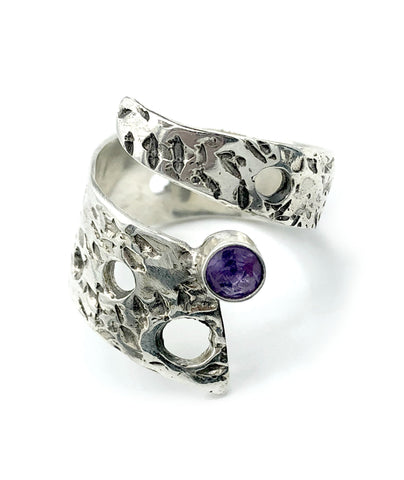 Abstract silver ring, amethyst ring, silver adjustable ring, modern ring 