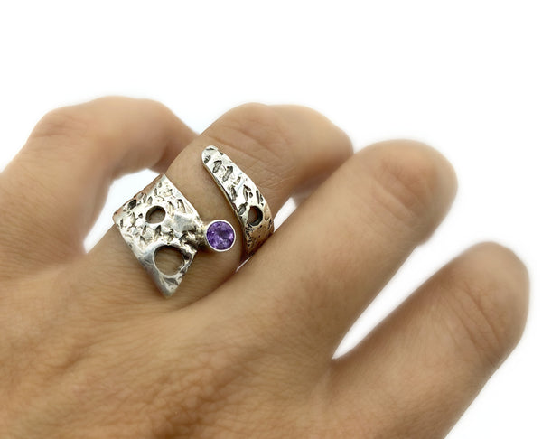 Abstract silver ring, amethyst ring, silver adjustable ring, modern ring 
