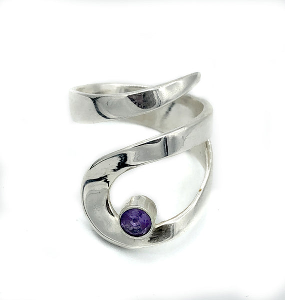 amethyst silver adjustable ring, drop shape silver ring, contemporary silver ring 