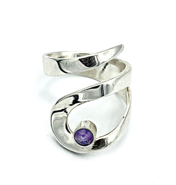 amethyst silver adjustable ring, drop shape silver ring, contemporary silver ring 