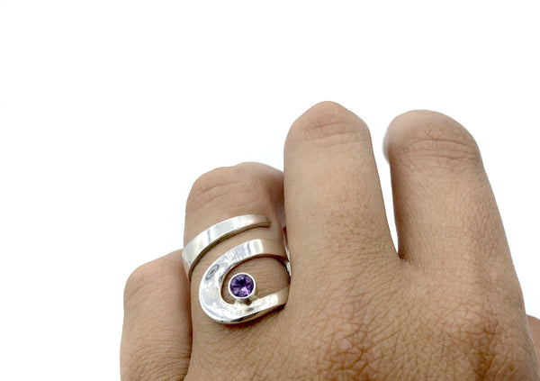 amethyst silver adjustable ring, drop shape silver ring, contemporary silver ring 