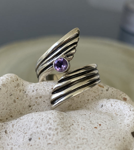 amethyst gemstone ring silver, adjustable silver ring 