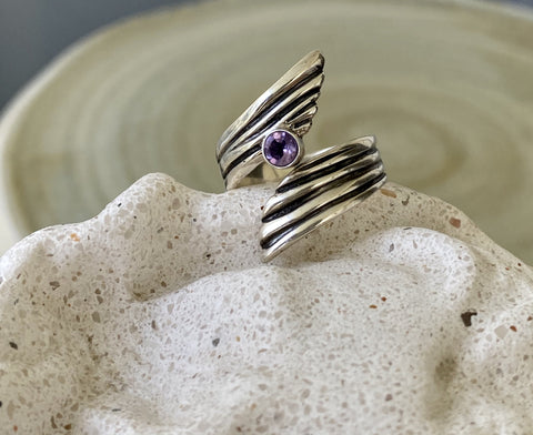 amethyst gemstone ring silver, adjustable silver ring 