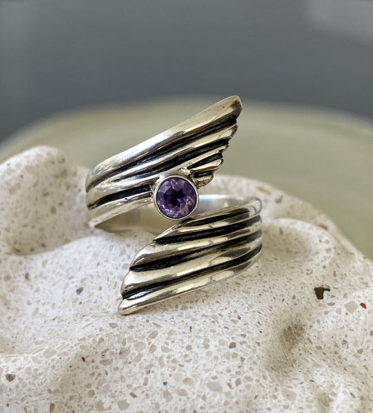 amethyst gemstone ring silver, adjustable silver ring 