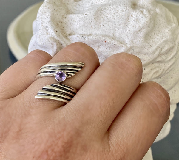 amethyst gemstone ring silver, adjustable silver ring 