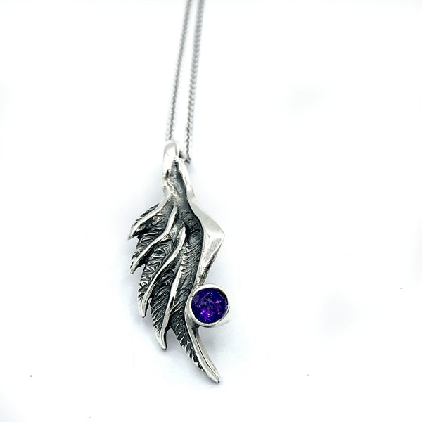 angel wing pendant, amethyst silver pendant, silver pendant silver chain 
