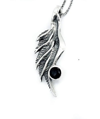angel wing pendant, black spinel silver pendant, silver pendant silver chain 