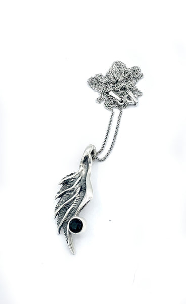 angel wing pendant, black spinel silver pendant, silver pendant silver chain 