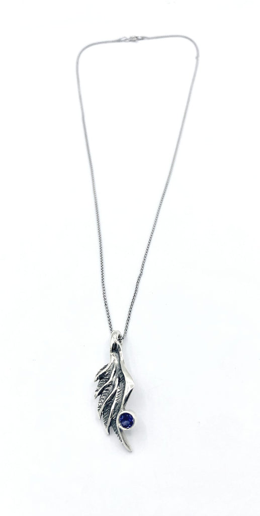 wing pendant, blue iolite silver pendant, angel wing pendant, silver chain 