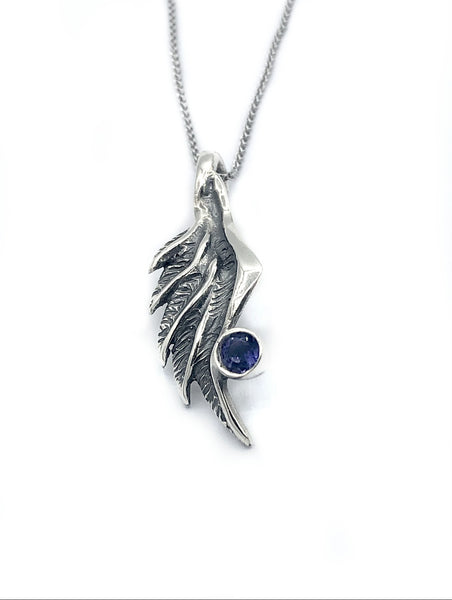 wing pendant, blue iolite silver pendant, angel wing pendant, silver chain 