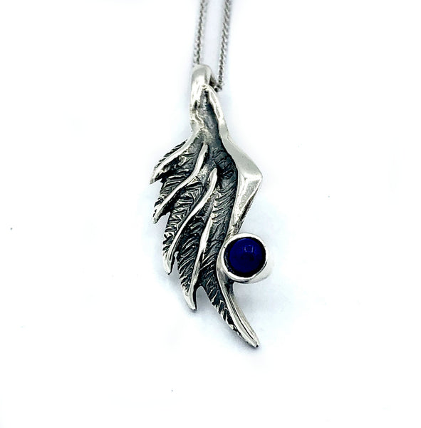 angel wing necklace, blue lapis silver pendant, wing necklace, silver chain 