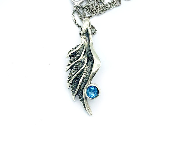 angel wing pendant, blue topaz silver pendant, silver pendant silver chain 
