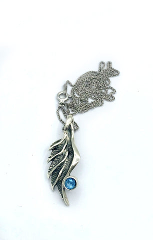 angel wing pendant, blue topaz silver pendant, silver pendant silver chain 