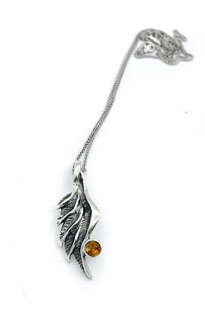 angel wing pendant, citrine silver pendant, silver pendant silver chain 