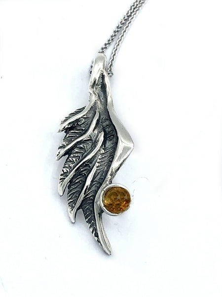 angel wing pendant, citrine silver pendant, silver pendant silver chain 