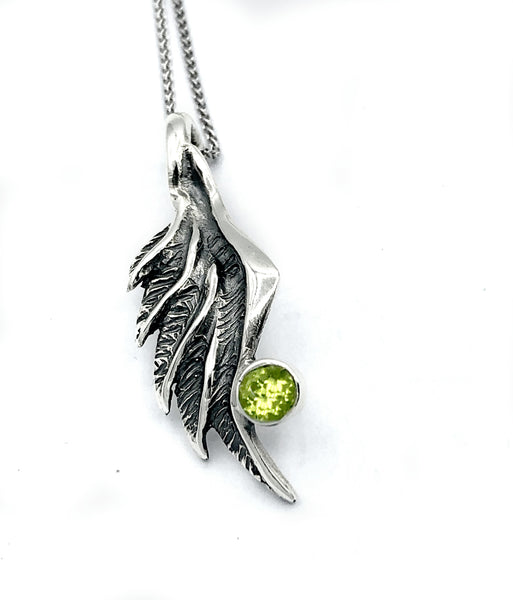 angel wing pendant, peridot silver pendant, silver pendant silver chain 