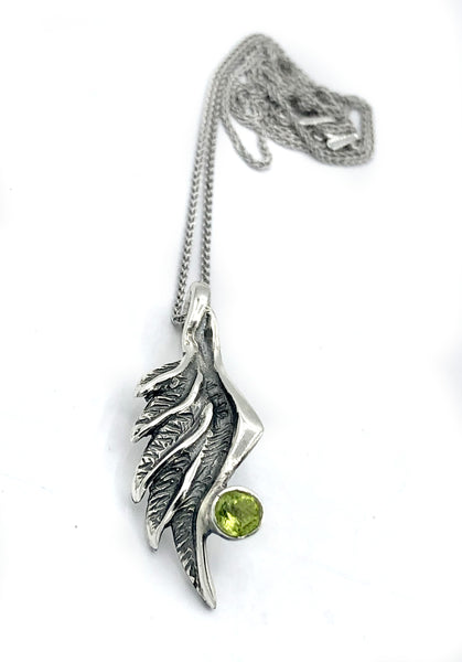 angel wing pendant, peridot silver pendant, silver pendant silver chain 