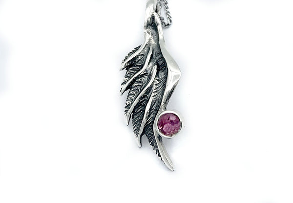 angel wing pendant, pink tourmaline silver pendant, silver pendant silver chain 