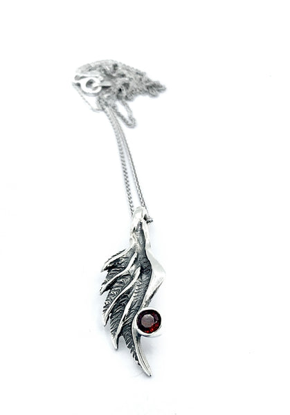 wing pendant, red garnet silver pendant, angel wing pendant, silver chain 
