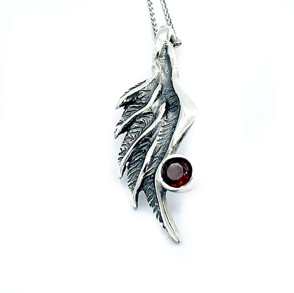 wing pendant, red garnet silver pendant, angel wing pendant, silver chain 