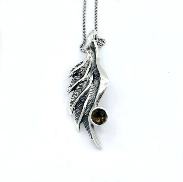wing necklace, smoky quartz silver pendant, angel wing necklace, silver chain 