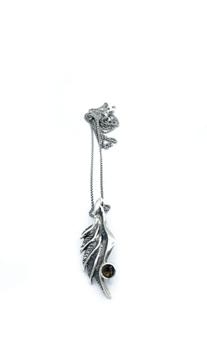 wing necklace, smoky quartz silver pendant, angel wing necklace, silver chain 