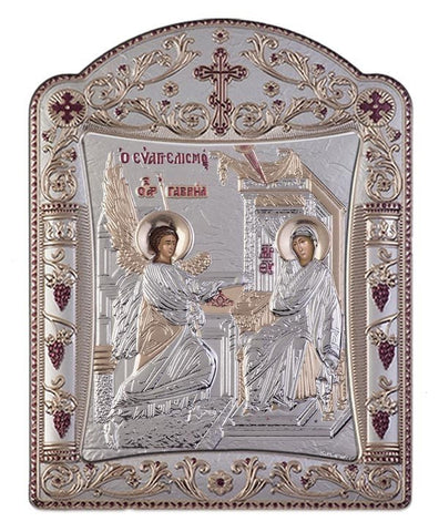 Virgin Mary Annunciation Greek Orthodox Silver Icon, Silver 30.5x22.7cm 